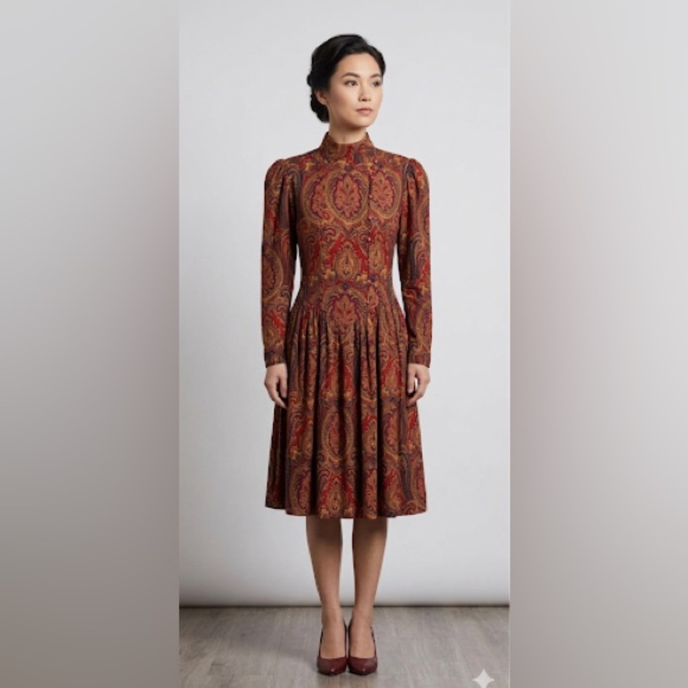 Vintage 70s 80s Bonwit Teller Dress Womens XS Paisley Academia Poet (Tag Size 4)